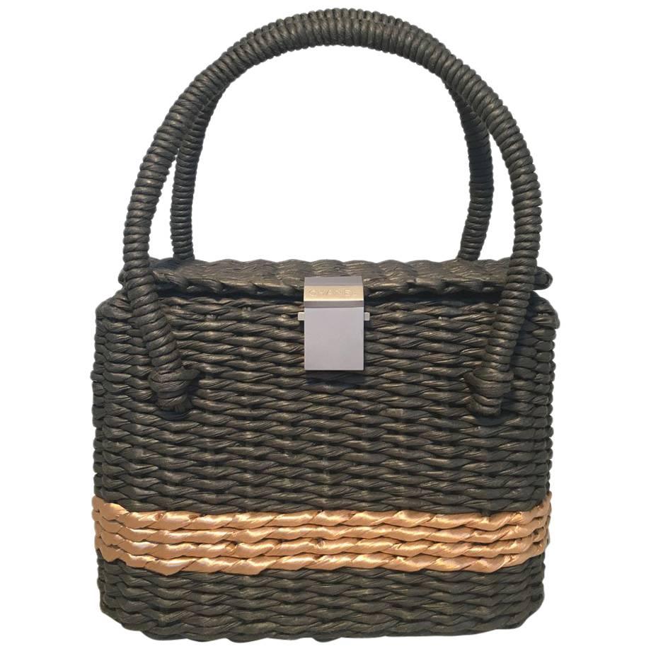 Chanel Charcoal and Tan Wicker Rattan Basket Handbag 