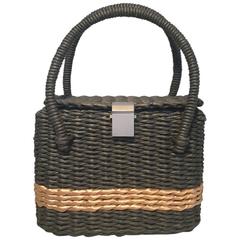 Chanel Charcoal and Tan Wicker Rattan Basket Handbag