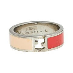 Fendi The Fendista Bi-color Enamel Silver Tone Band Ring Size 55