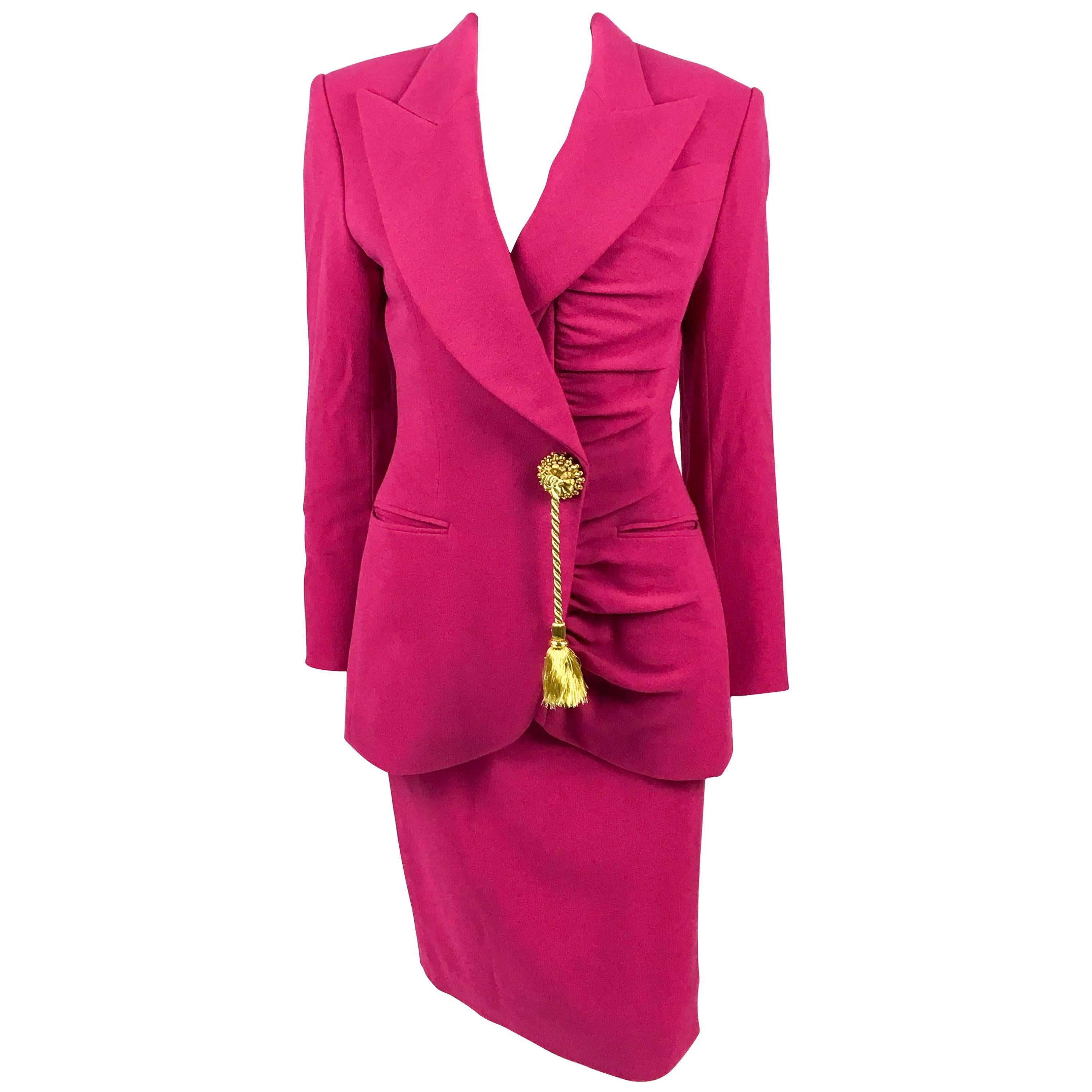 1980s Dior Numbered Demi-Couture Hot Pink Suit With Golden Tassel  For Sale