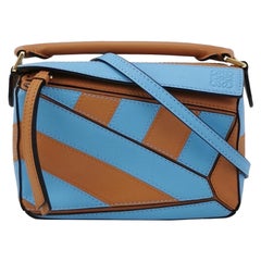 Used Loewe Puzzle Mini Blue and Brown Stripes Calfskin leather bag