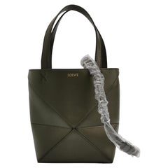 Used Loewe Puzzle Fold Mini Dark Olive Green Calfskin Leather Tote Bag