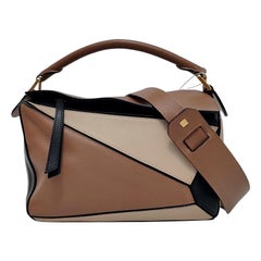 Used Loewe Puzzle Small Tricolor Black Brown Grey Calfskin leather bag