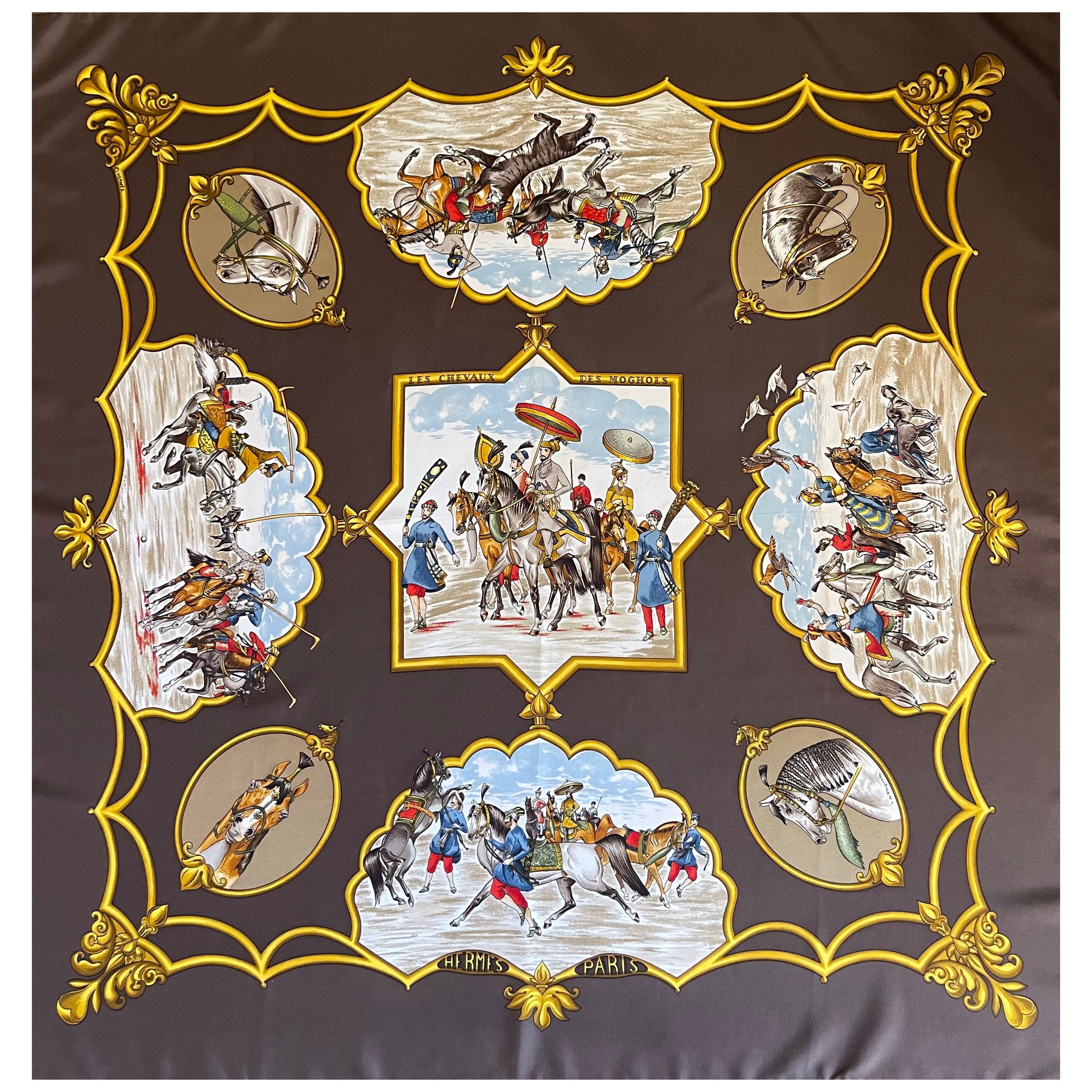 Hermès Seidenschal "Les Chevaux Des Moghols" 1997 im Angebot
