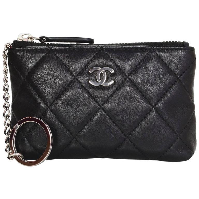 Chanel Black Lambskin Leather Quilted Coin Purse Key Ring