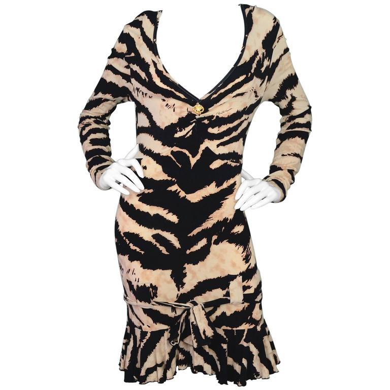 Roberto Cavalli Tiger Print Long Sleeve Dress sz S For Sale at 1stdibs