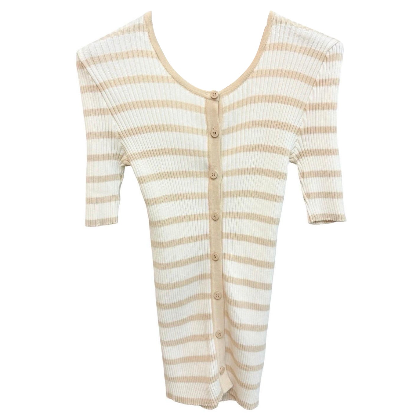 Chanel white beige cotton knitted stripe short sleeves cardigan top For Sale