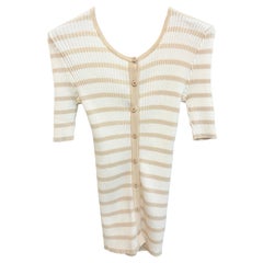 Chanel white beige cotton knitted stripe short sleeves cardigan top