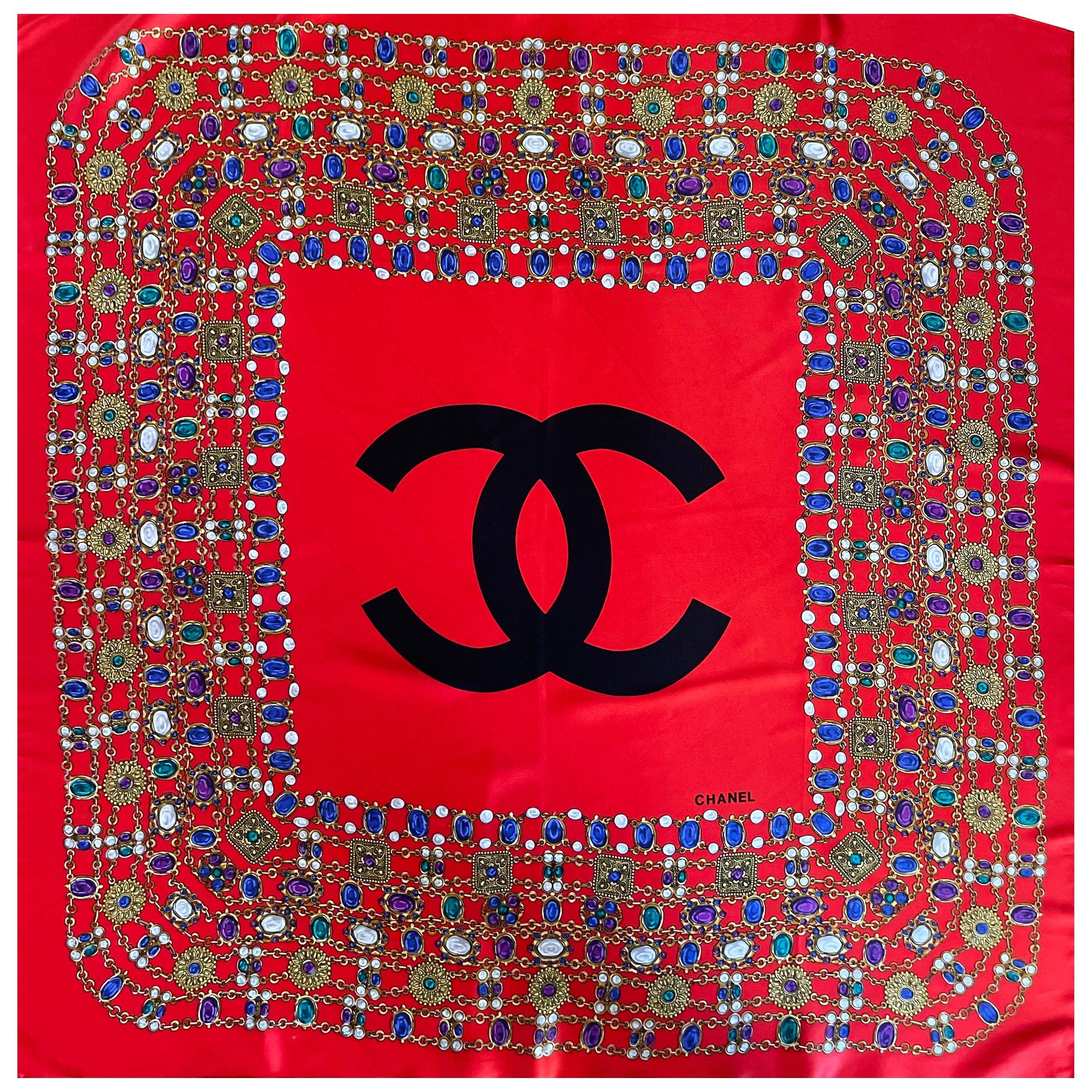 Chanel Silk Scarf Red Gripoix For Sale