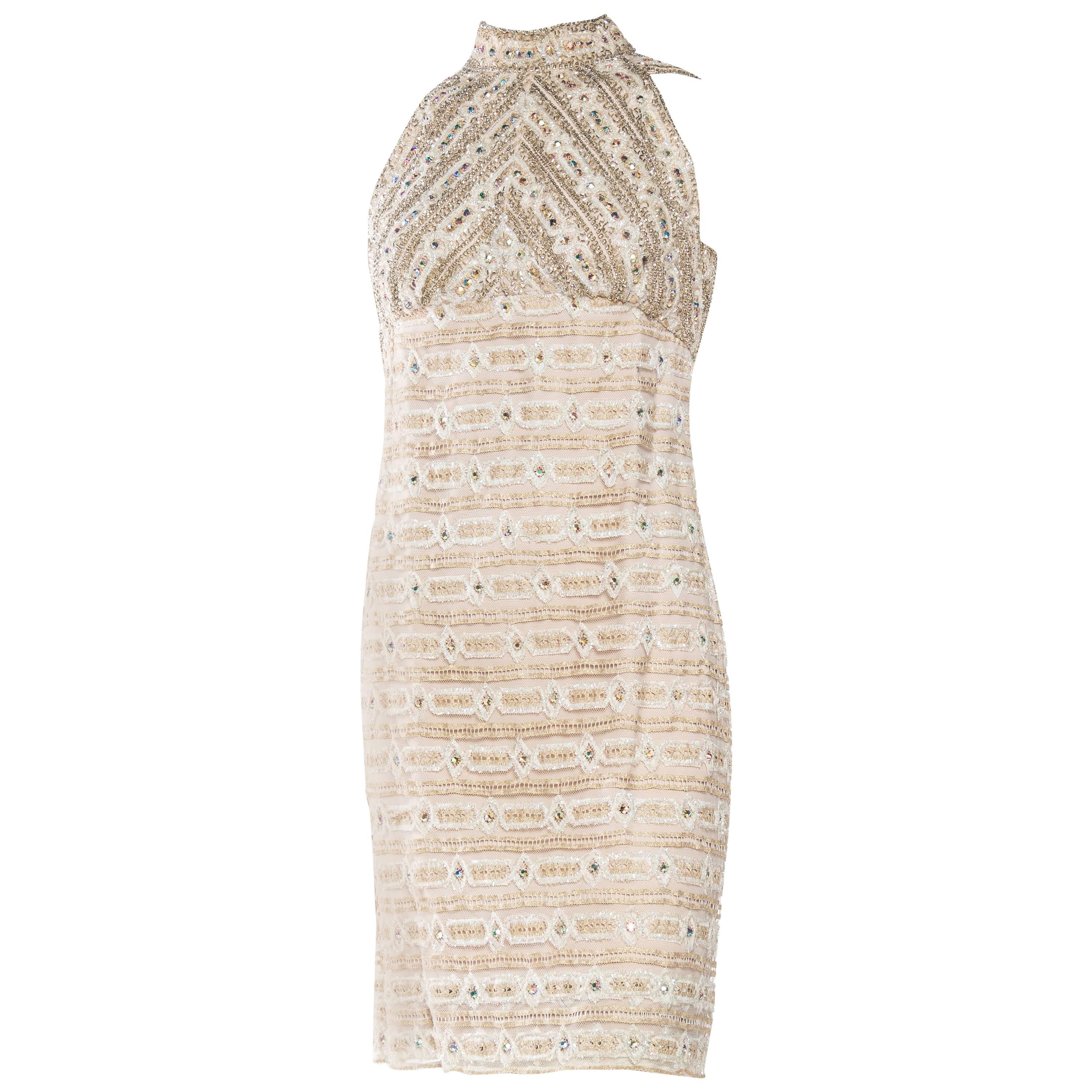 1960S White Metallic Rayon 
Lurex Lace Crystal Encrusted Cocktail Dress