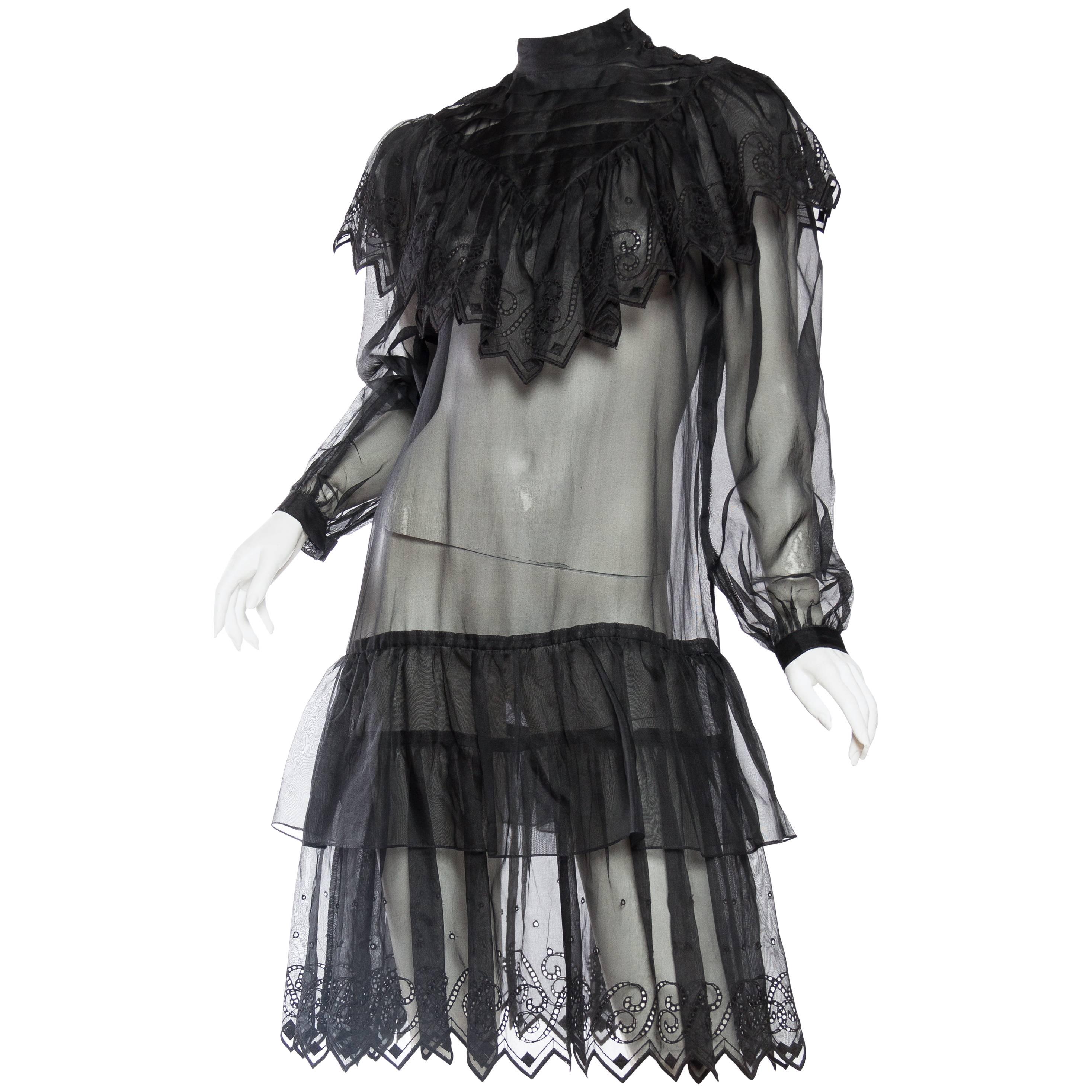 1970s Gucci Style Silk Organza Victorian Inspired Sheer Lace Dress