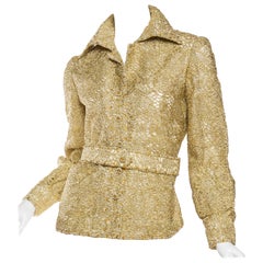 Retro 1970S Gold Silk & Lurex Lace Button Front Shirt With Crystals Self Fabric Belt