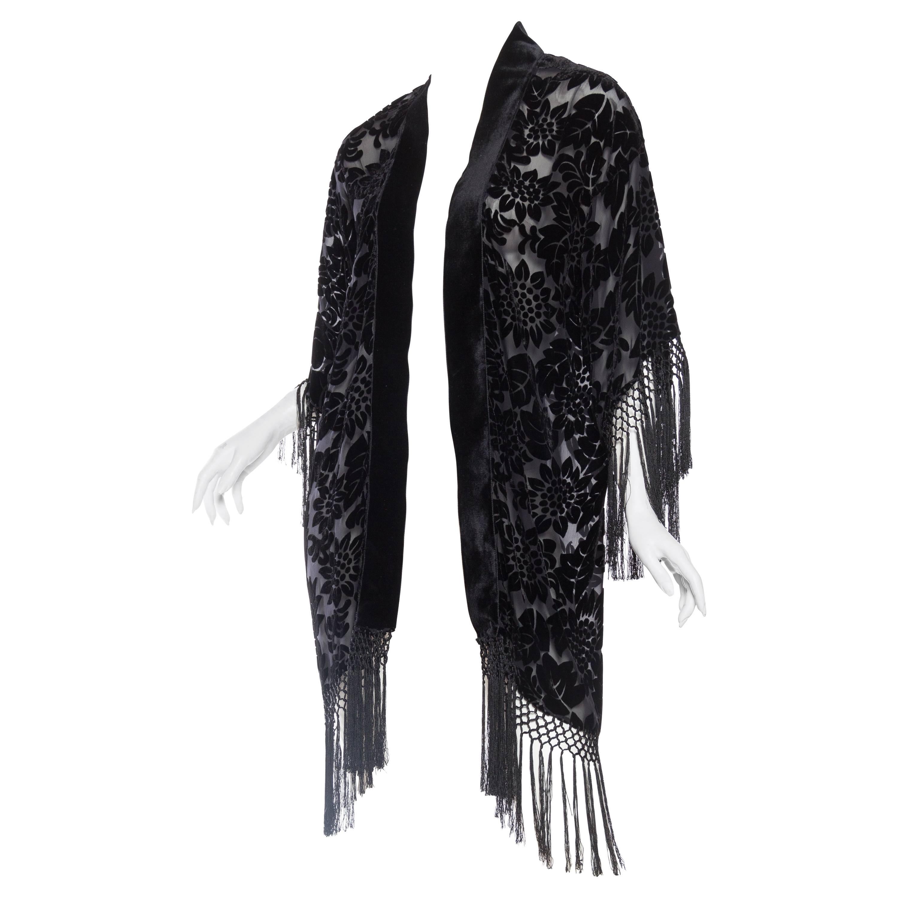 MORPHEW COLLECTION Black Floral Silk Burnout Velvet Sheer Fringed  Kimono For Sale