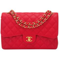 Chanel Red Quilted Caviar Jumbo Classic Double Flap Bag