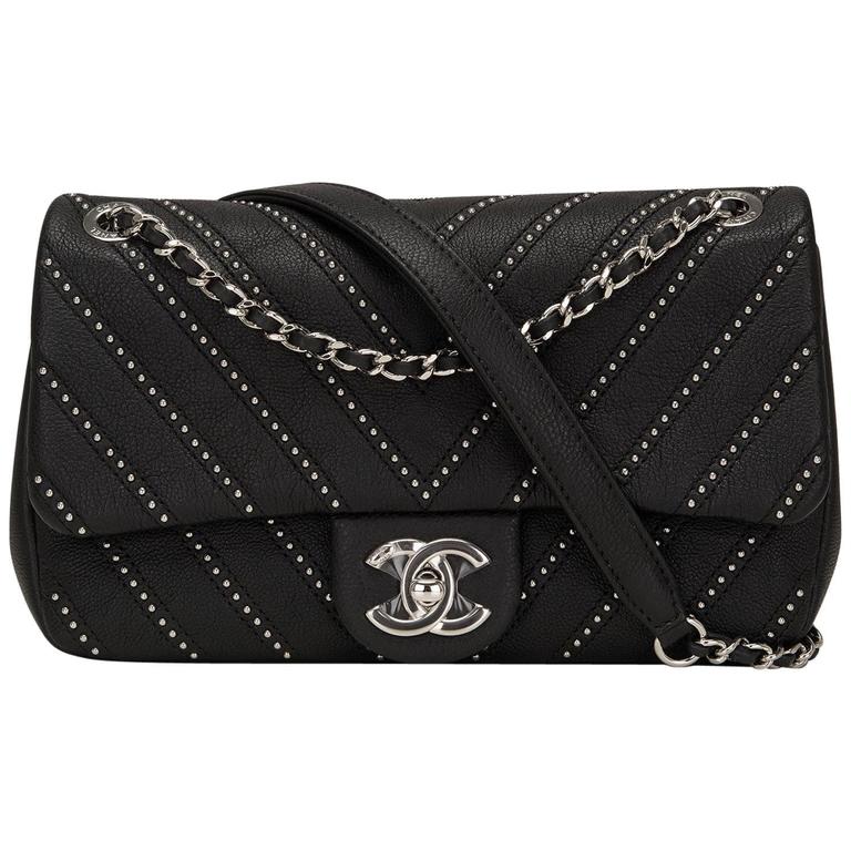 Chanel Black Studded Chevron Calfskin Flap Bag For Sale at 1stDibs