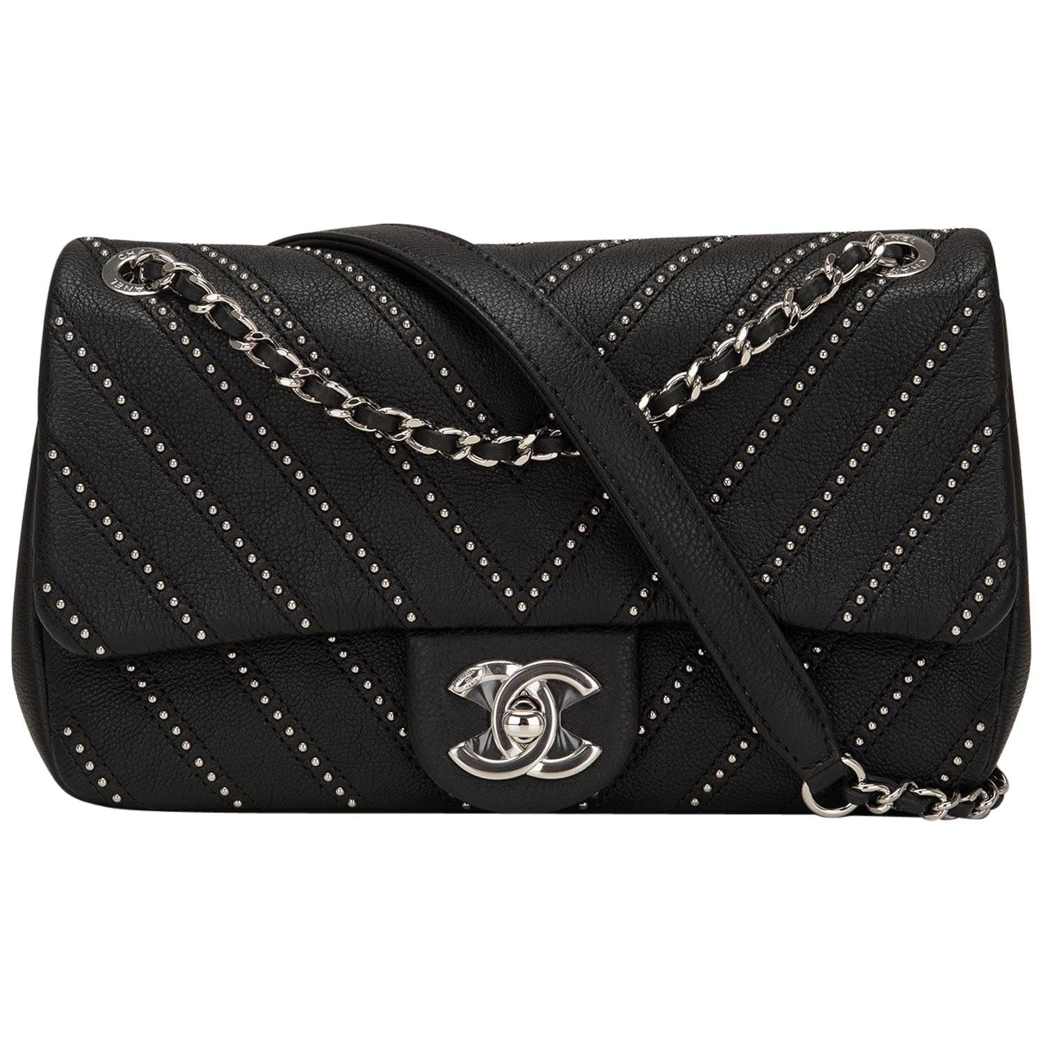 Chanel Black Studded Chevron Calfskin Flap Bag For Sale