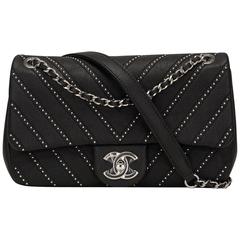 Chanel Black Studded Chevron Calfskin Flap Bag