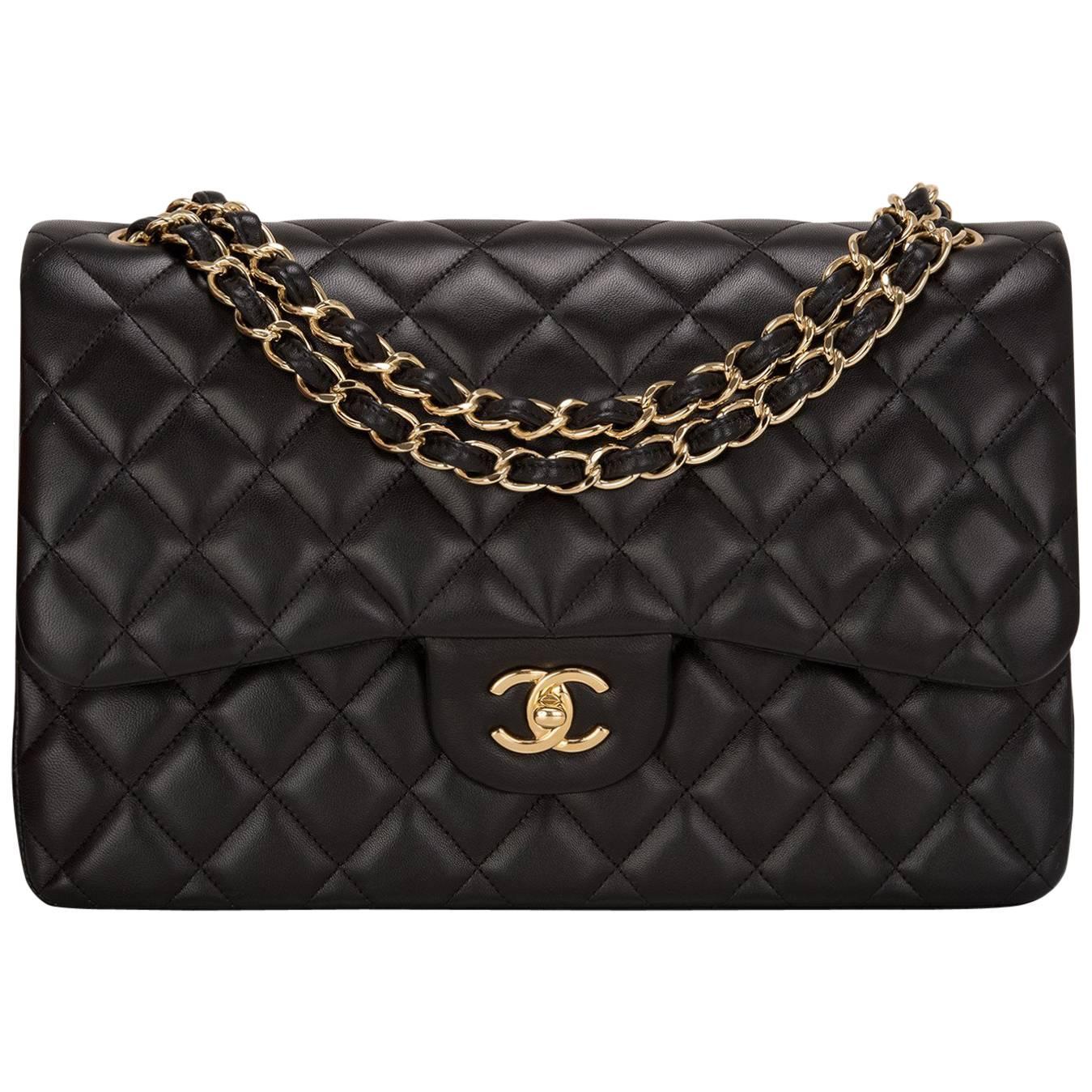 Chanel Black Quilted Lambskin Jumbo Classic Double Flap Bag For Sale