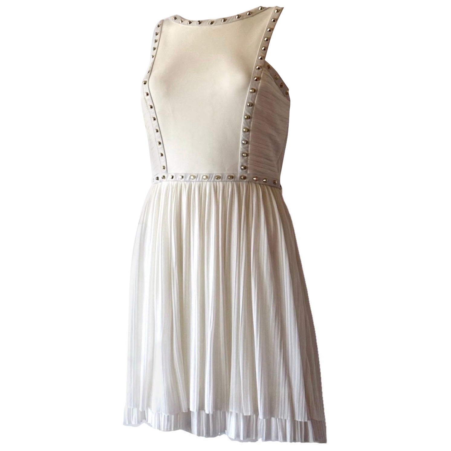 VERSACE Runway S/S 2012 Stud & Leather Embellished Off-White Mini Dress For Sale