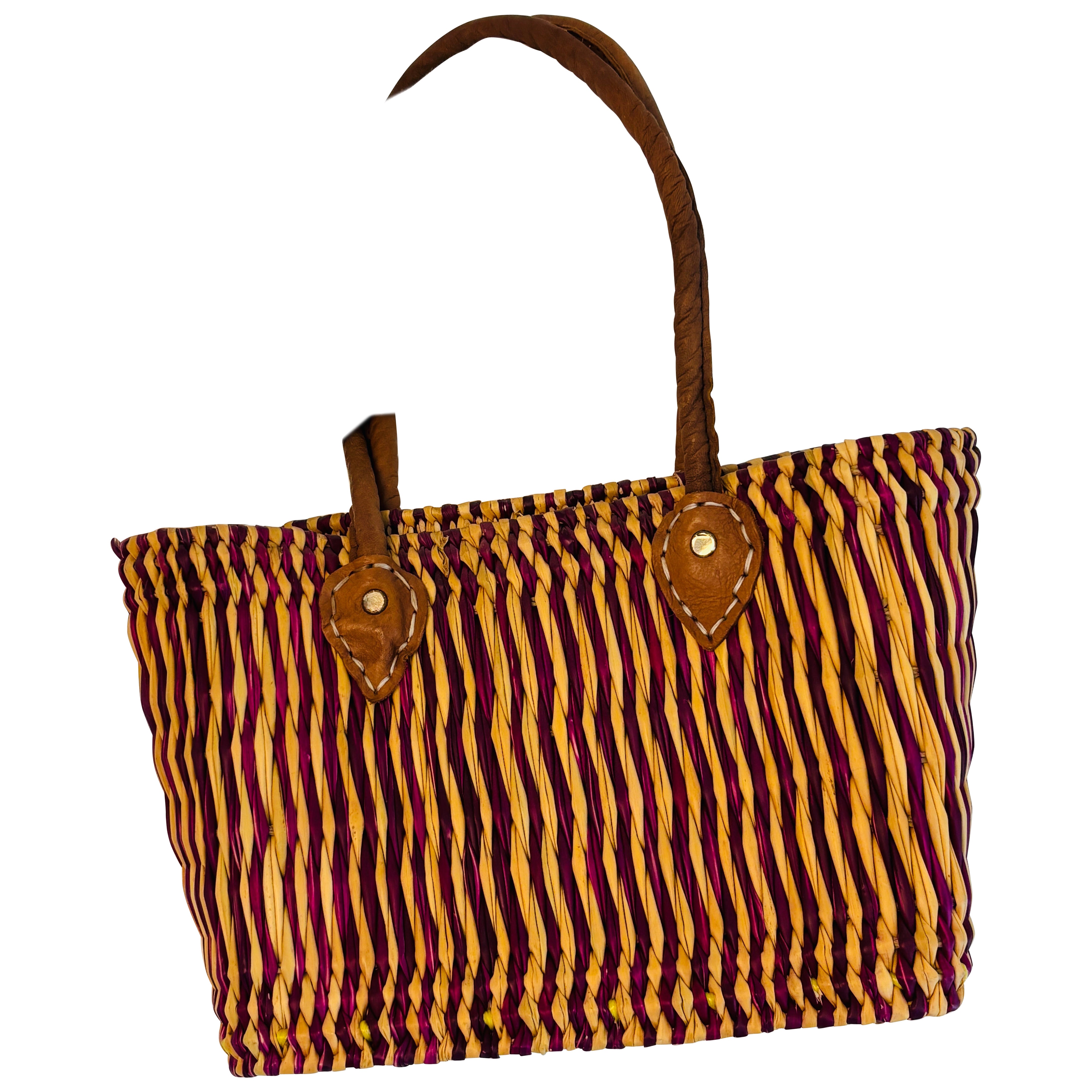 Moroccan Raffia Straw Basket Tote Bag with Leather Handles For Sale