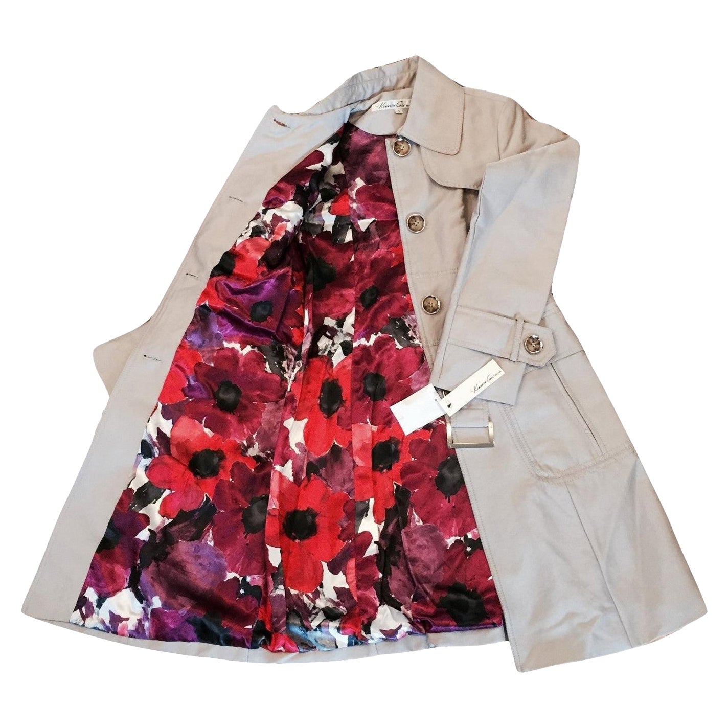 Nuovo con etichetta Kenneth Cole Beige Sateen Jacket Trench Coat Taglia: Small