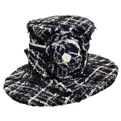 1980s Michel Modes Navy White & Black Chanel Tweed Boater-Style Hat w Camellia