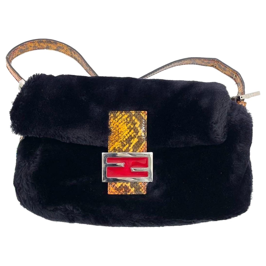 Fendi Baguette Black Faux Fur Red Enamel Buckle Shoulder Bag For Sale