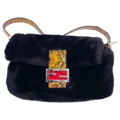 Fendi Baguette Black Faux Fur Red Enamel Buckle Shoulder Bag