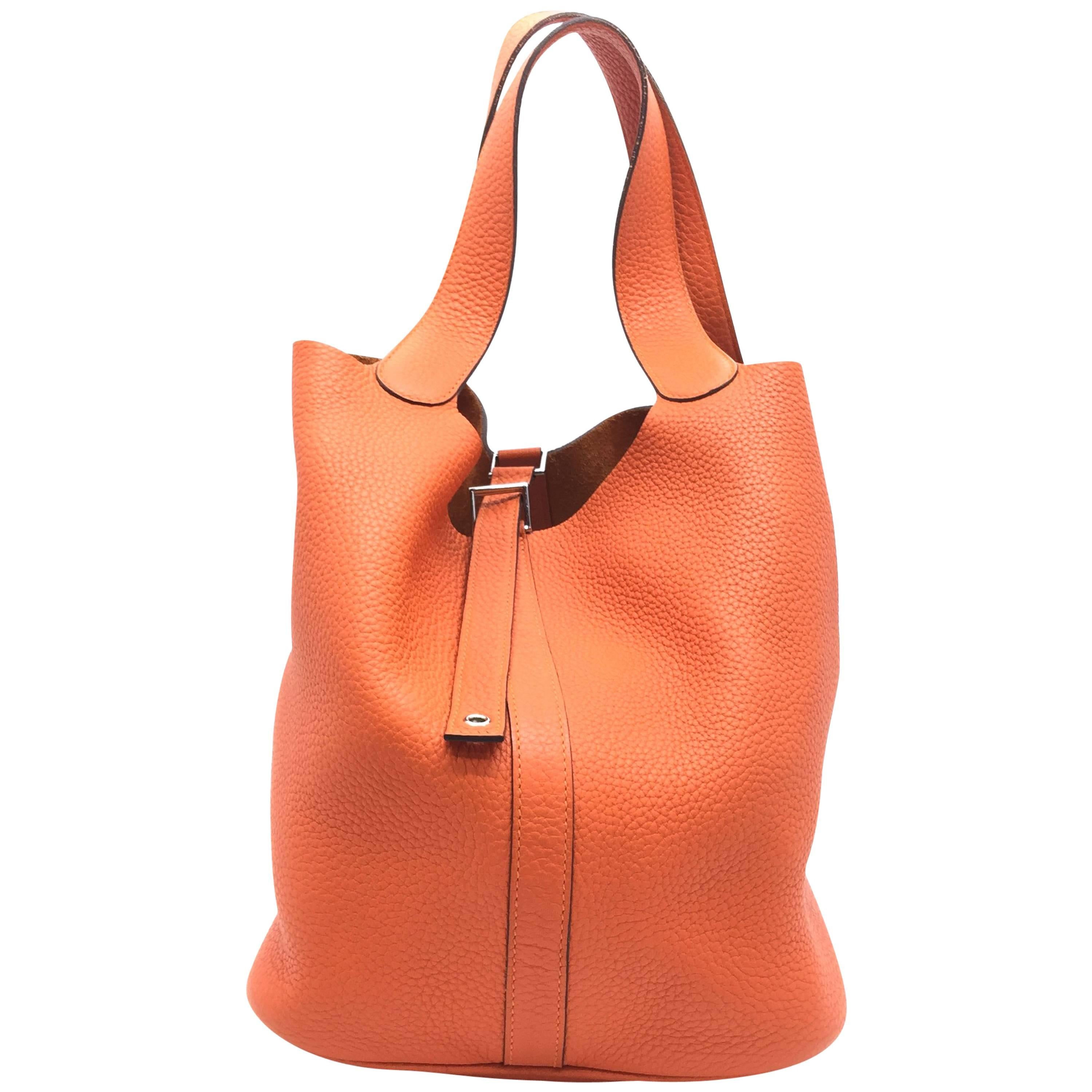 Hermes Picotin GM Feu Orange Clemence Leather Tote Bag