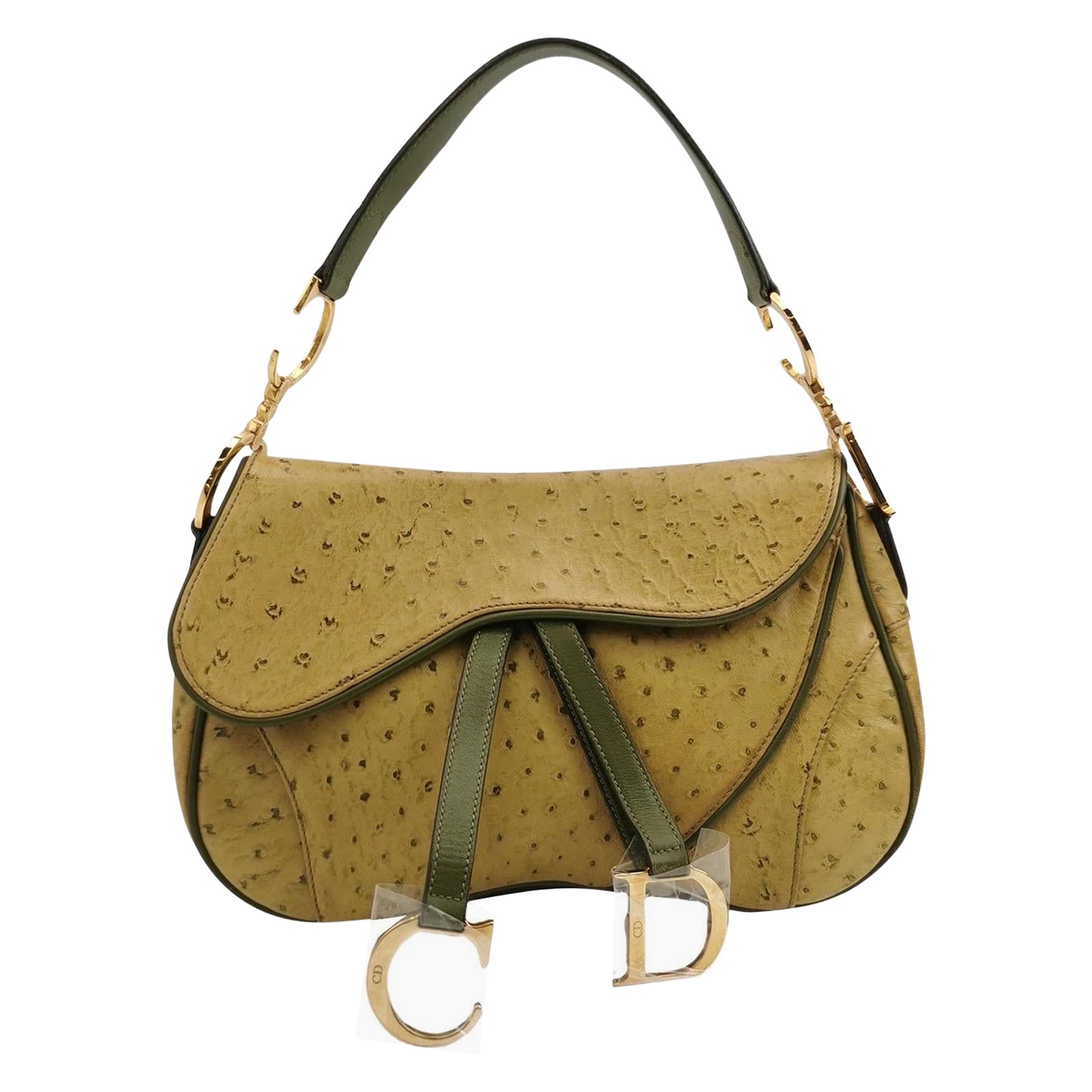 Dior Vintage Double Saddle Green Leather Gold Hardware For Sale