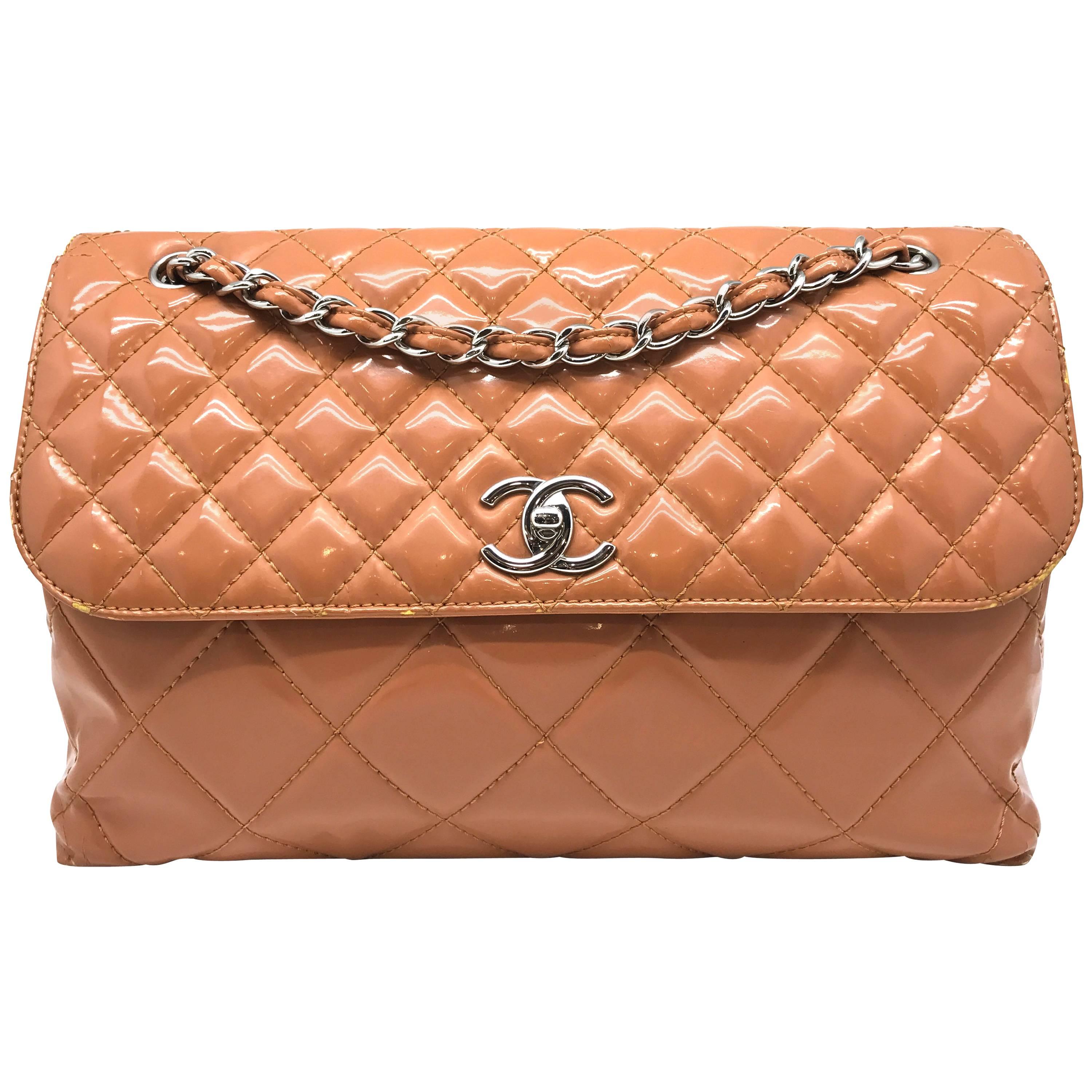 Chanel Orange Quilted Patent Leather SHW Chain Shoulder Bag For Sale