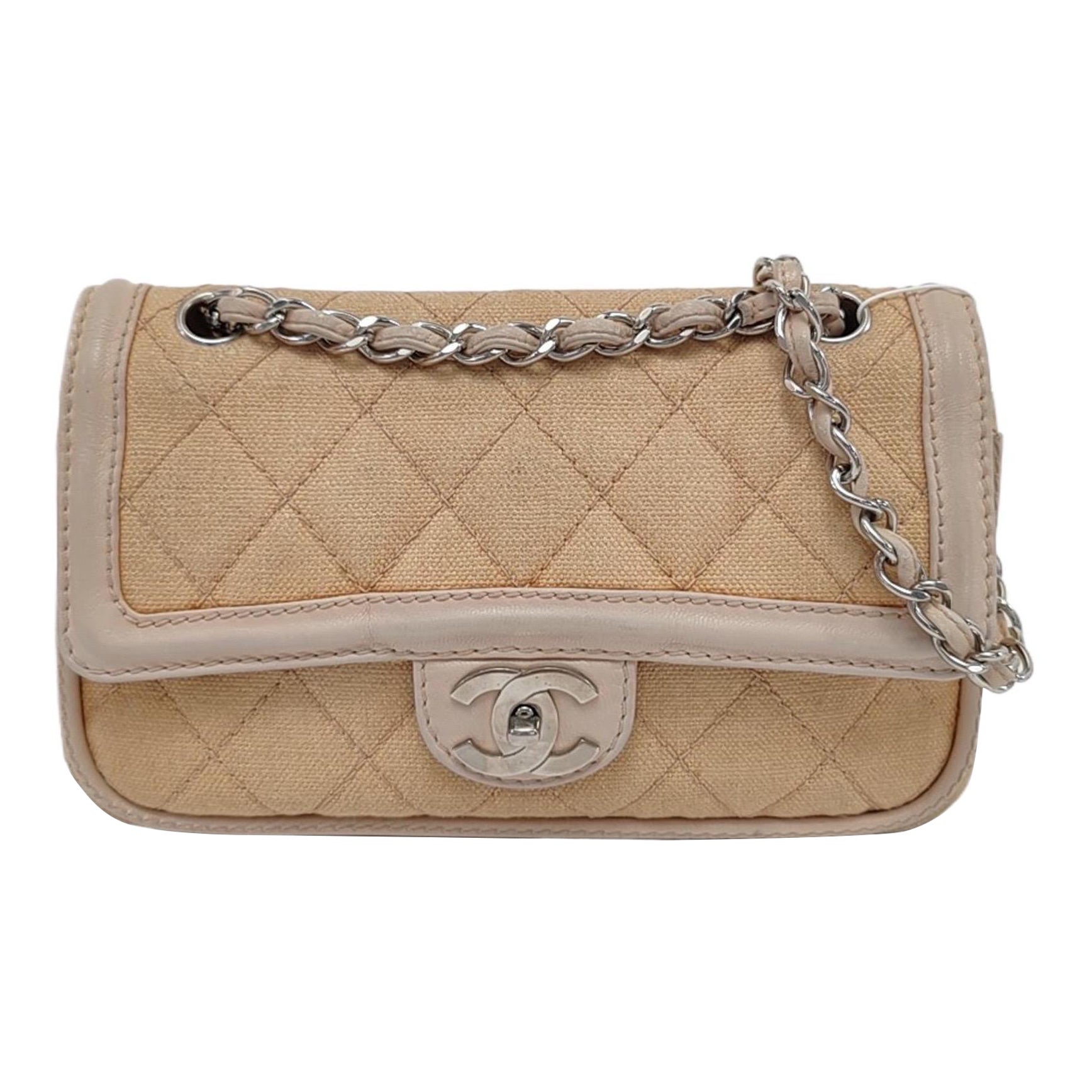 Chanel Classic Flap Medium Beige Canvas Leather Silver Hardware 2006-2008 For Sale