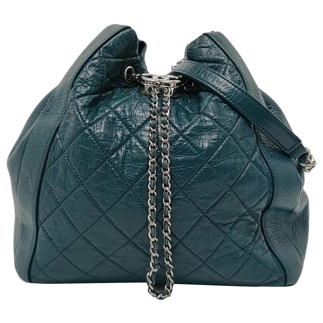 Chanel Gabrielle Drawstring Bucket Bag Medium Dark Green Calfskin Leather Silver For Sale