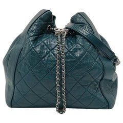 Chanel Gabrielle Drawstring Bucket Bag Medium Dark Green Calfskin Leather Silver