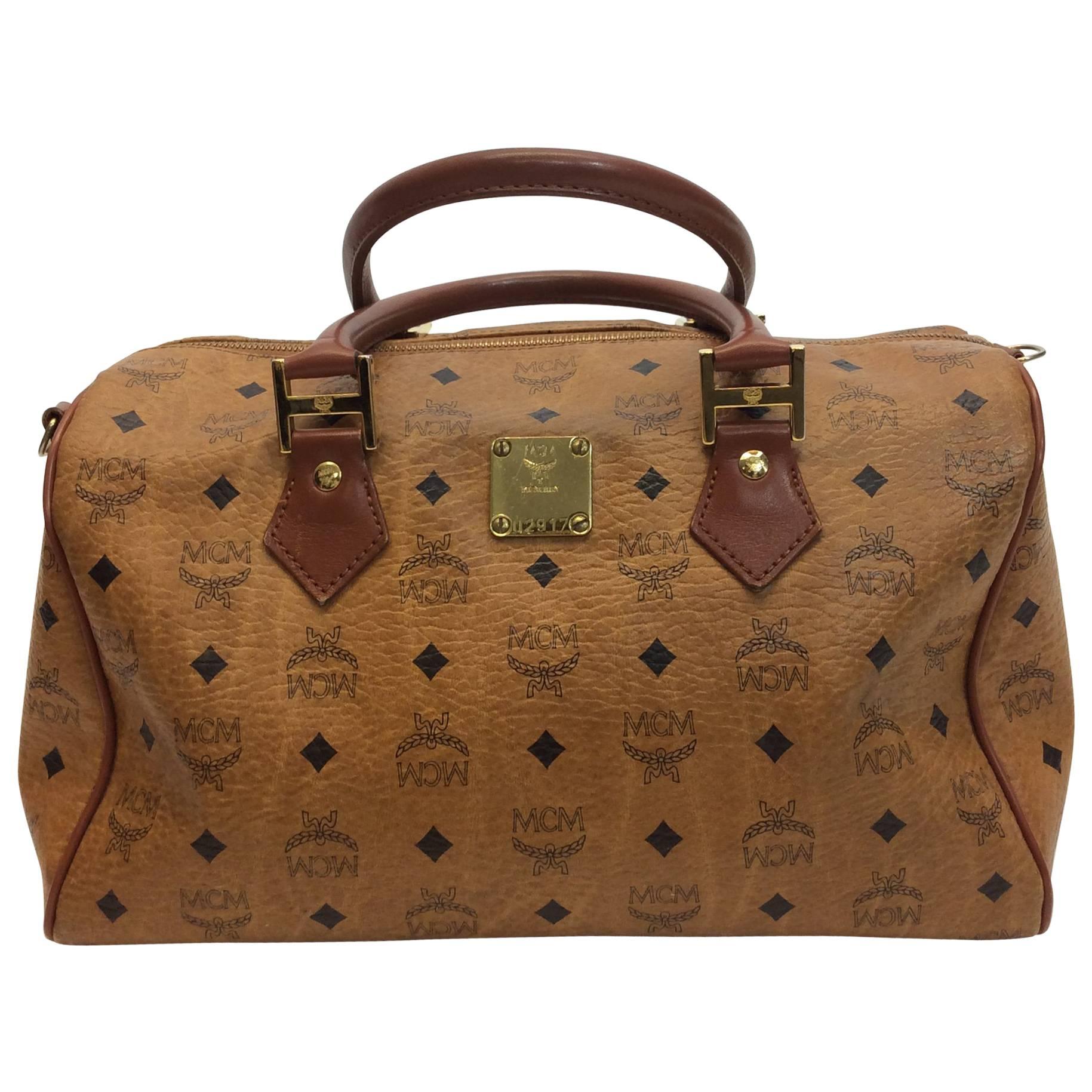 MCM Cognac Logo Zipper Duffle Bag  For Sale