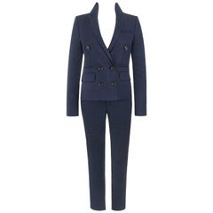 GUCCI Pre-Fall 2014 2 Pc Dark Blue Linen Blend Double Breasted Jacket Pants Suit