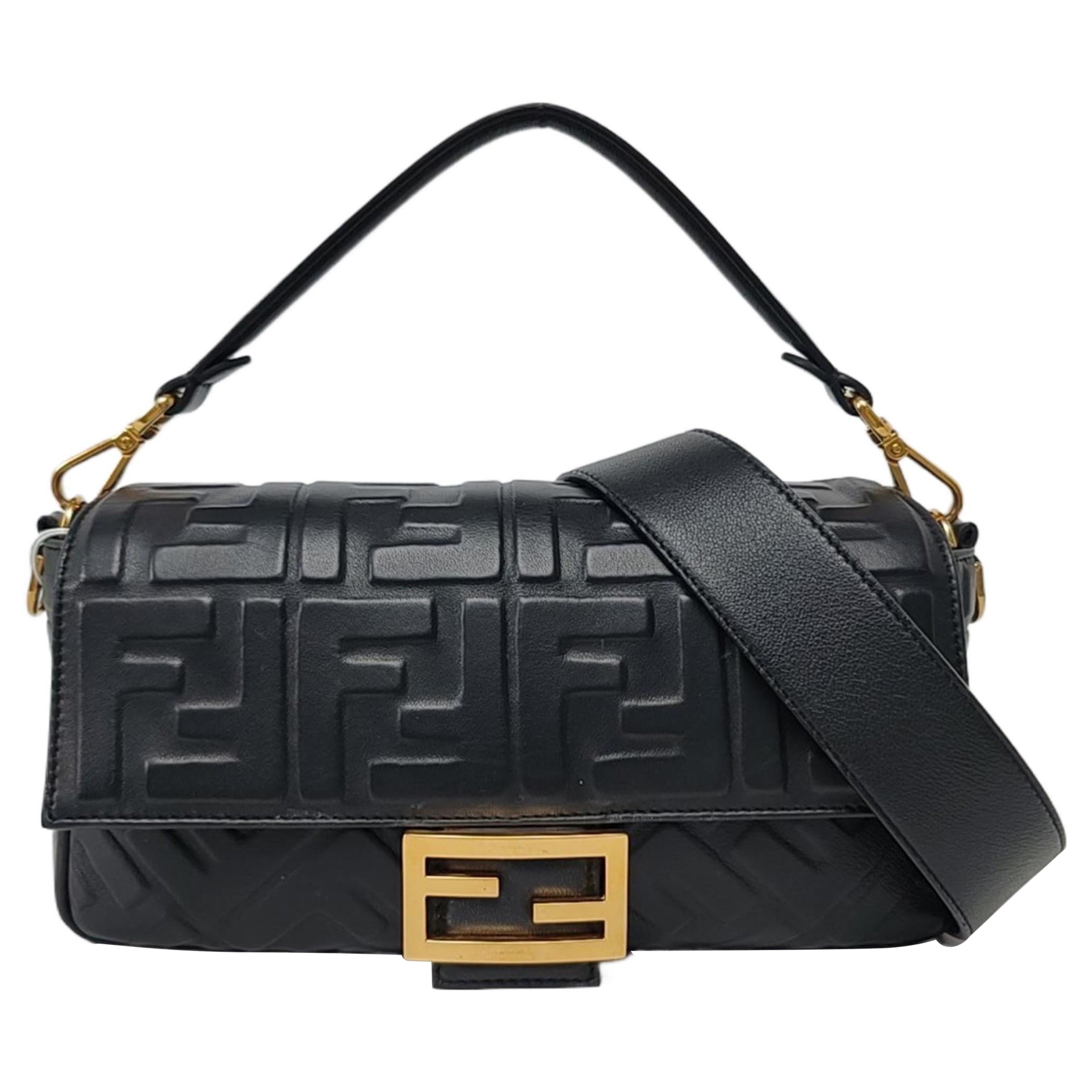 Fendi Baguette Black Lambskin 3D FF Embossed Leather Crossbody Bag Medium