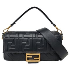 Fendi Baguette Black Lambskin 3D FF Embossed Leather Crossbody Bag Medium