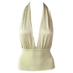 Gucci by Tom Ford c.2000 Plunging Halter Semi-Sheer Metallic Gold Knit Crop Top