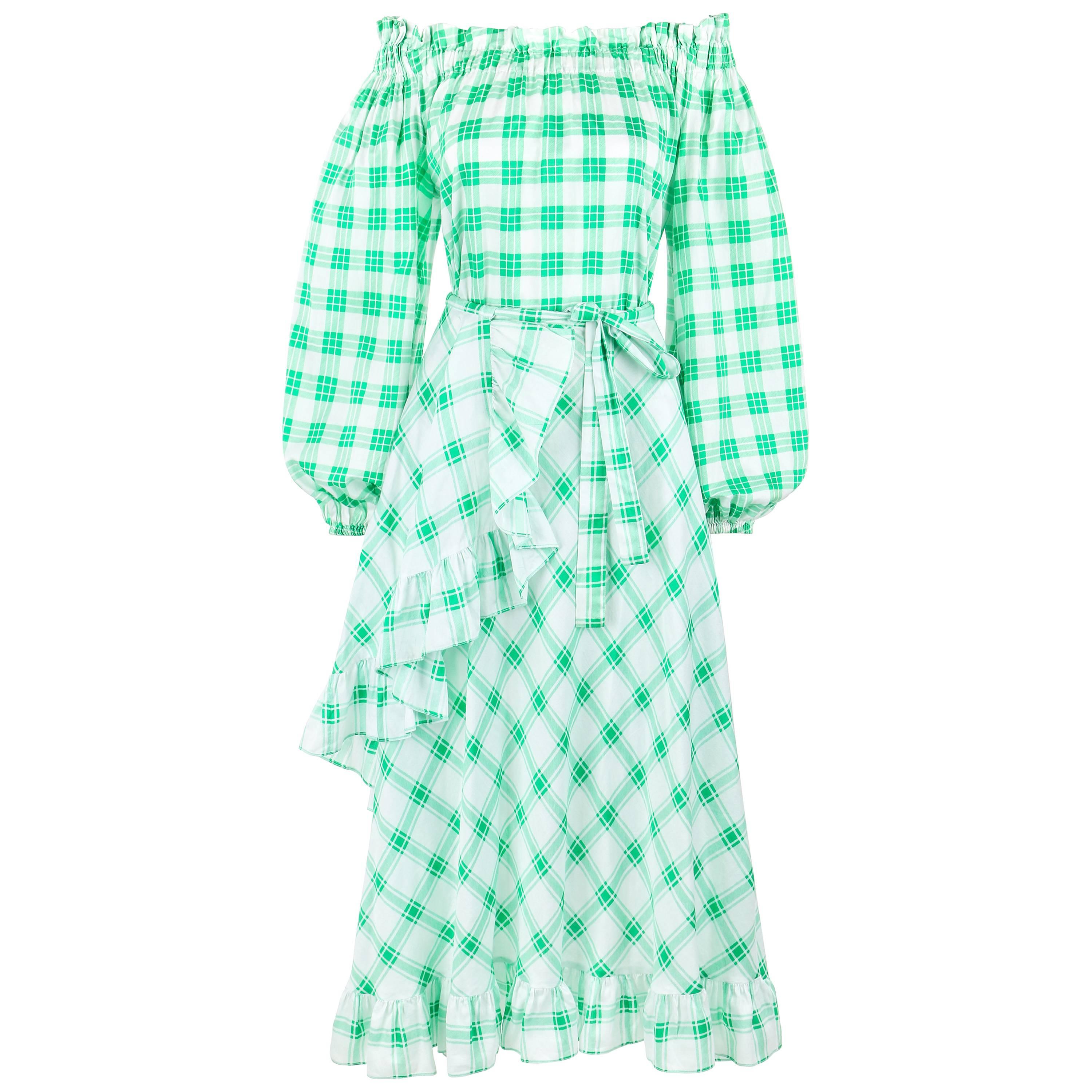 YVES SAINT LAURENT S/S 1978 YSL 2 Pc Green Plaid Peasant Blouse Wrap Skirt Set