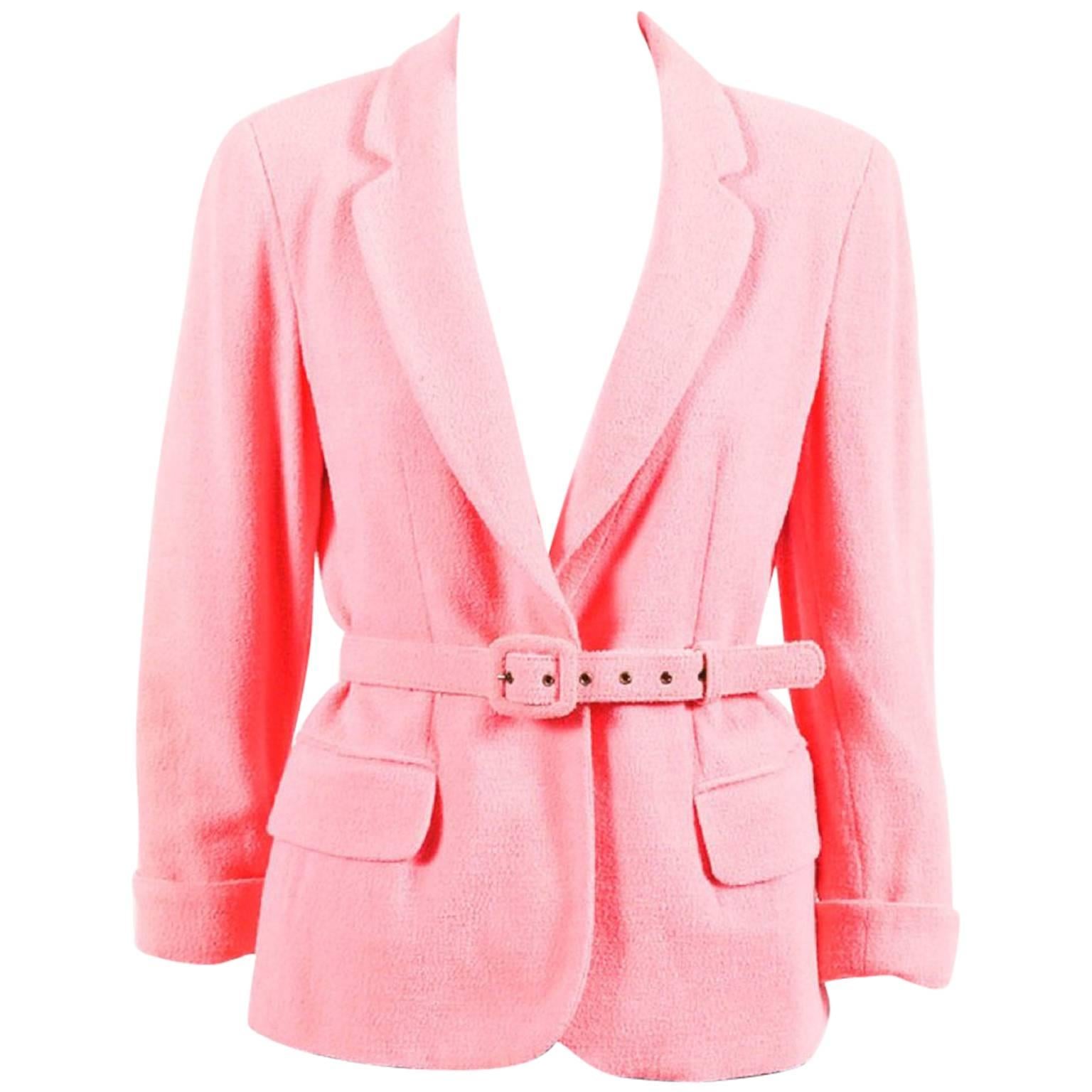 Moschino Couture Neon Pink Wool Boucle Belted Blazer Jacket