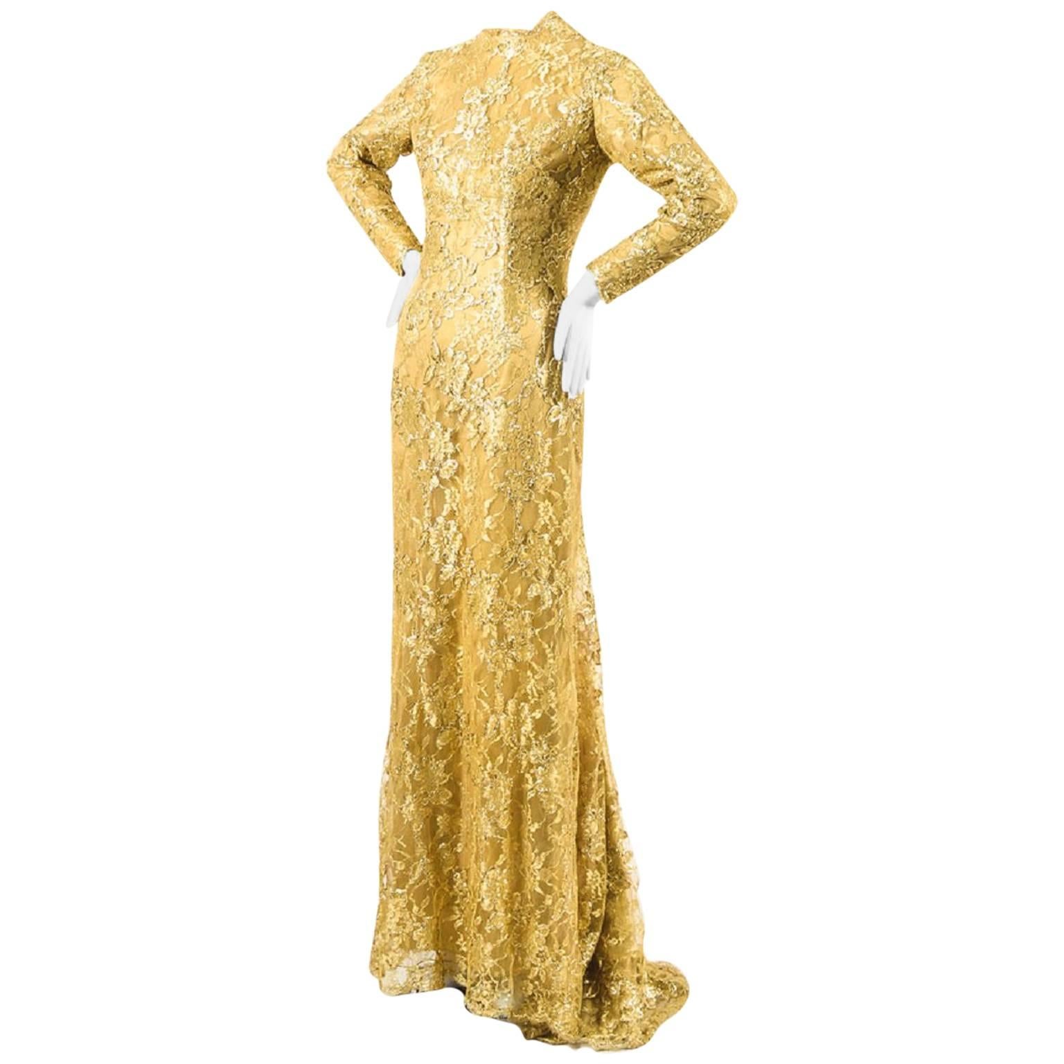 Zuhair Murad Haute Couture Metallic Gold Lace High Neck Long Sleeve Gown For Sale