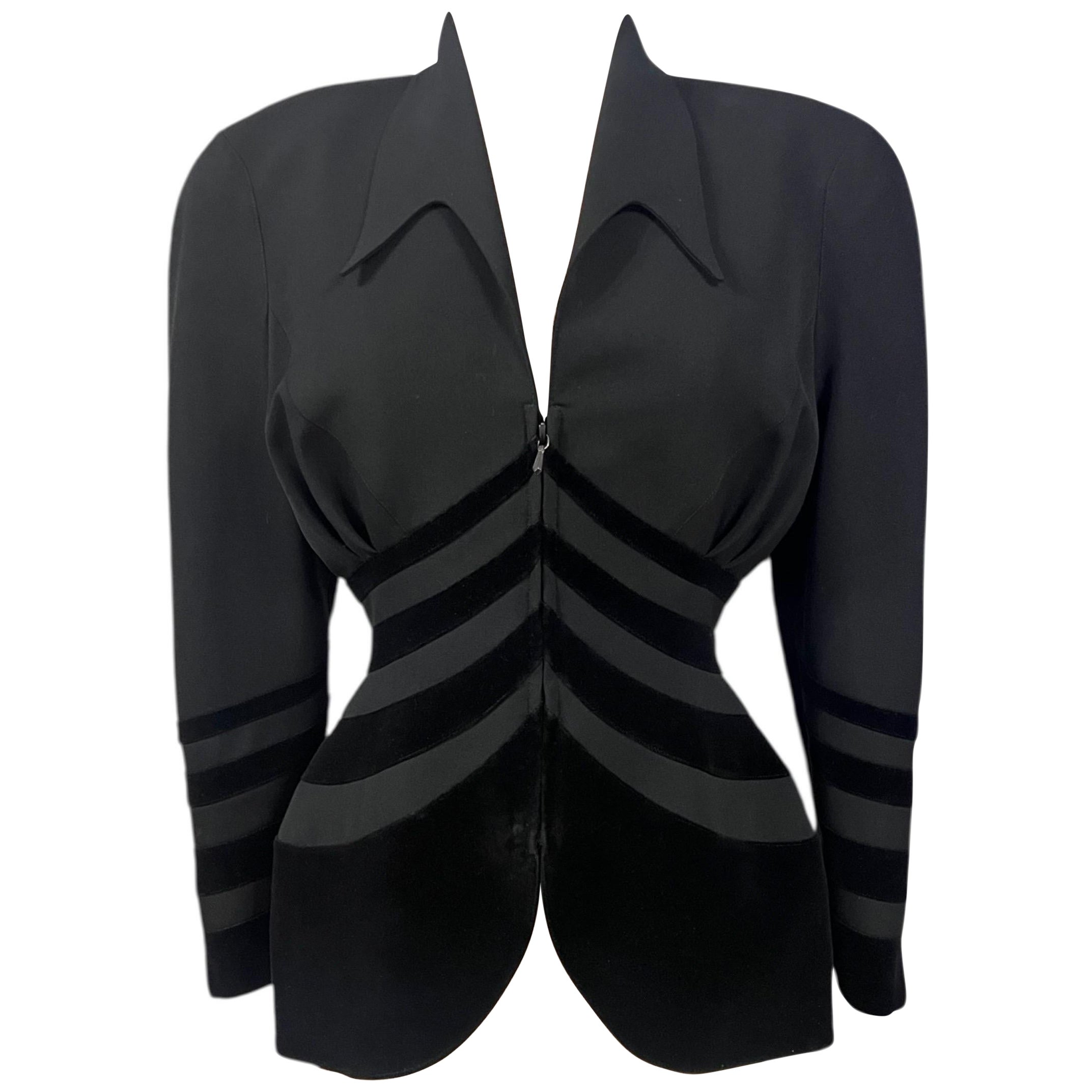 1990's Thierry Mugler Schwarz Samt Trim Geformte Jacke