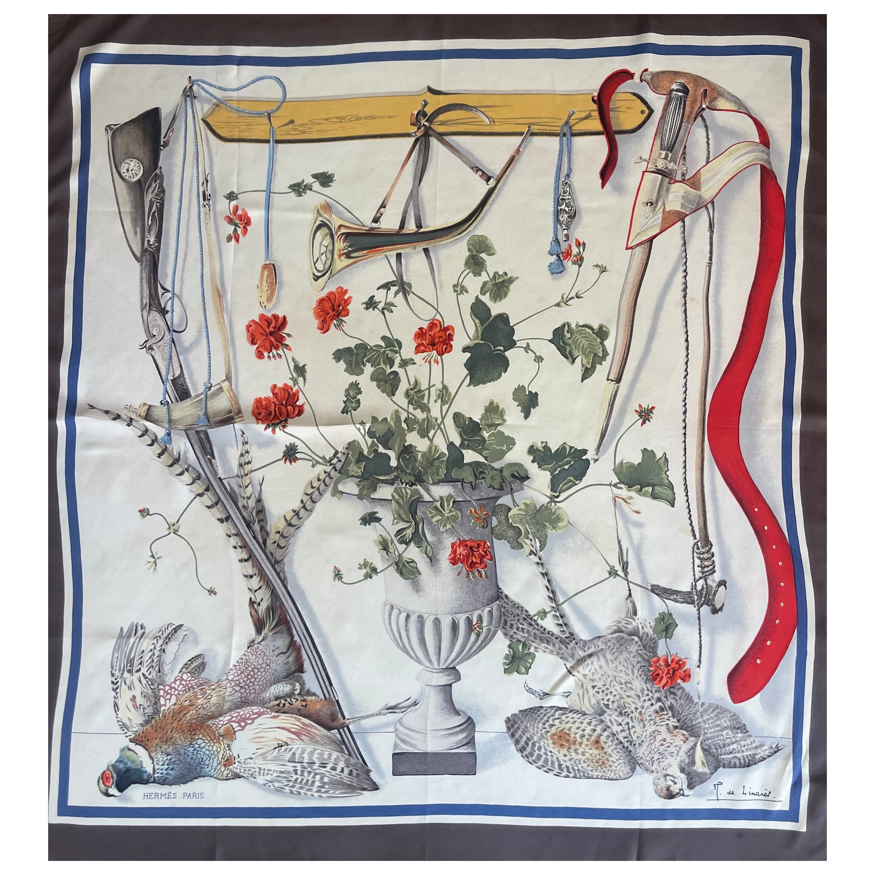 Hermès Seidenschal "Fleurs Et Gibiers" 1961 im Angebot
