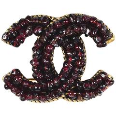Chanel 00A Burgundy Gold Tone Beaded Embellished 'CC' Cable Trim Brooch Pin