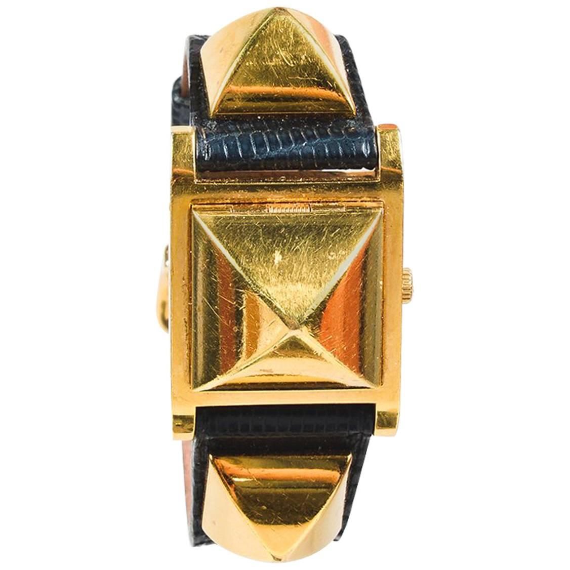 Vintage Hermes Black Lizard Leather Gold Plated Steel "Medor" Studded Watch For Sale