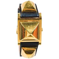 Vintage Hermes Black Lizard Leather Gold Plated Steel "Medor" Studded Watch