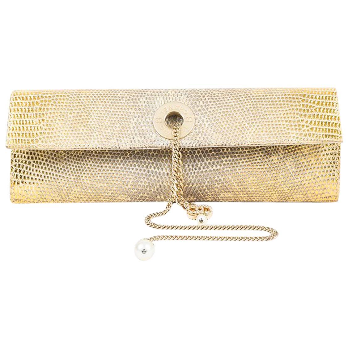 Chanel Metallic Gold Genuine Lizard Pearl Keychain Front Flap Clutch Bag For Sale