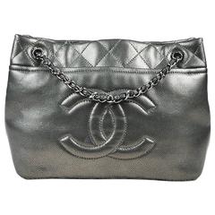 Chanel Metallic Silver & Black Leather Quilted "Timeless Soft Shopping Tote" Bag 2