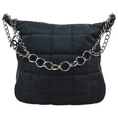 Chanel Black Nylon Leather Trim Square Quilted Chain Strap Zip Hobo Tote Bag